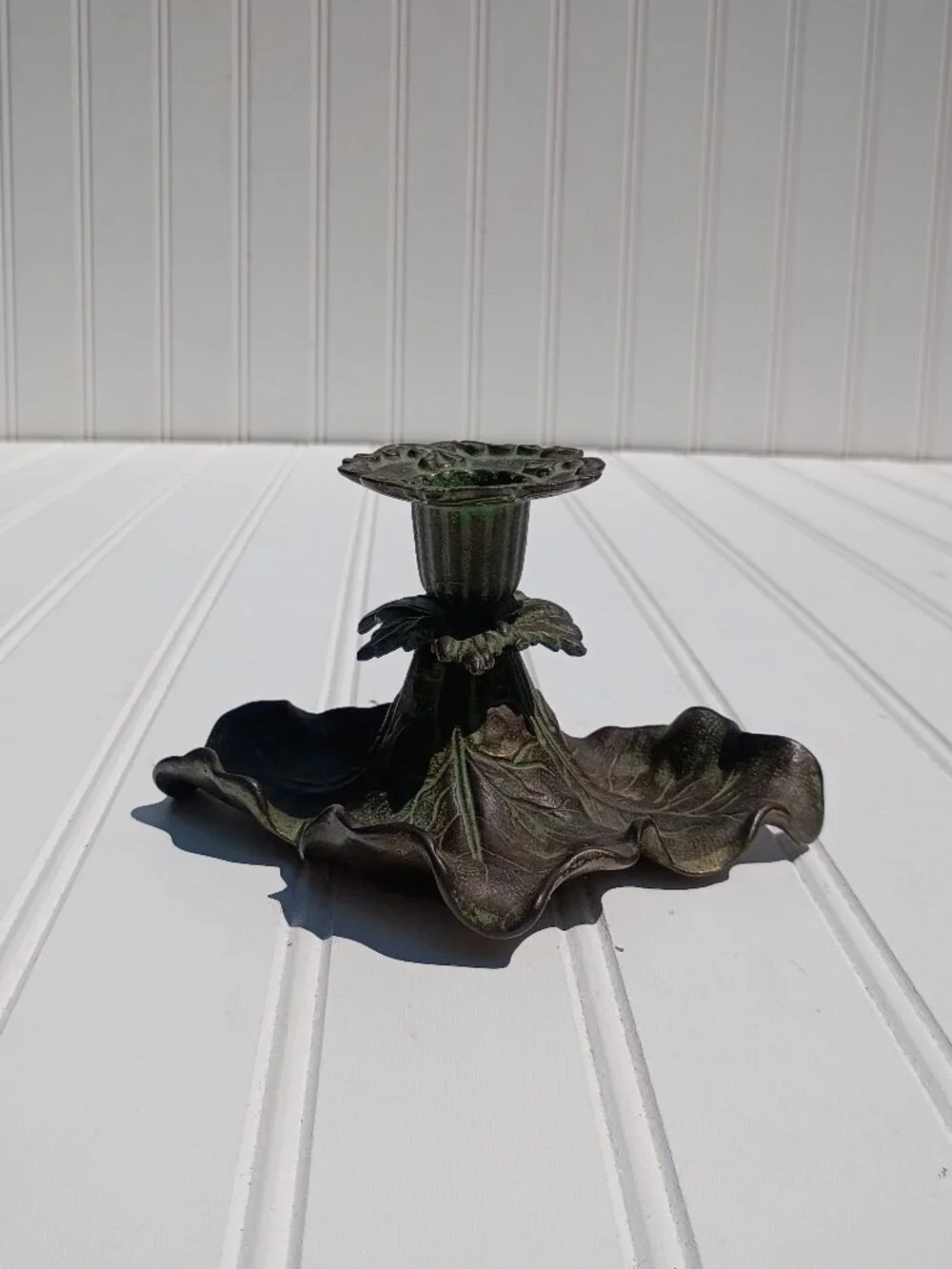 Vintage Cast Brass Taper Candle Holder Floral Leaf Verdigris Green Bronze Dish